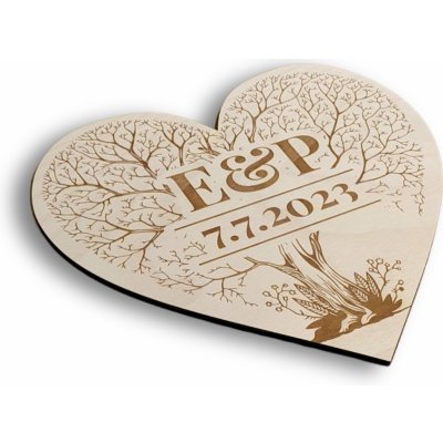 Dřevěné srdce se stromem života, Vašimi iniciálami a datem svatby