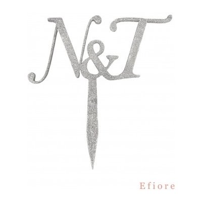 Stříbrný glitrový zápich do svatebního dortu s iniciály novomanželů - velký - Přírodní - bez úprav – Hledejceny.cz