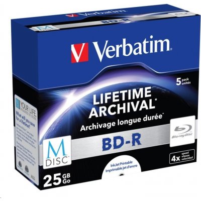 Verbatim BD-R 25GB 4x, M-Disc, Single layer, printable, jewel, 5ks (43823) – Sleviste.cz