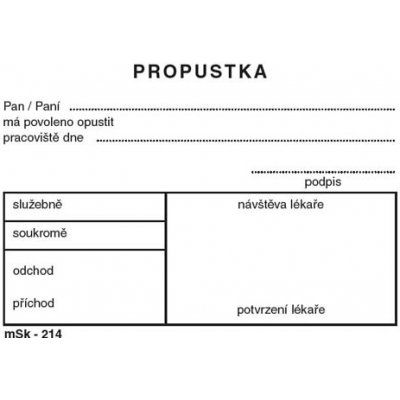 MSK 7400214 propustky 100 listů A7 – Zboží Živě