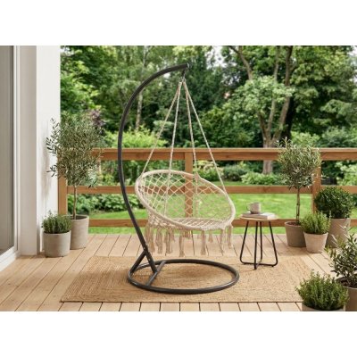 Textilomanie Béžové závěsné křeslo KOLUMBIA s černým stojanem – Sleviste.cz