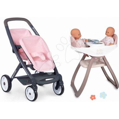 Smoby Set kočárek pro dvojčata Powder Pink Maxi Cosi&Quinny Smoby s bezpečnostním pásem a jídelní židlí – Zbozi.Blesk.cz