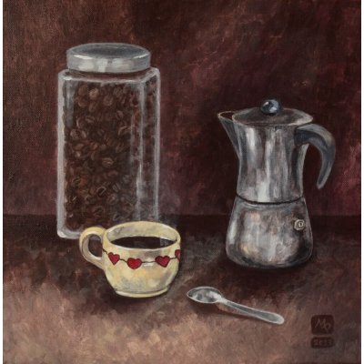 Miriam Prokopová, Zátiší pro milovníky kávy, Malba na plátně, akrylové barvy, 40 x 40 cm – Zboží Mobilmania