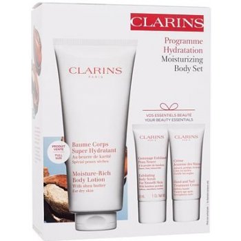 Clarins Body Care Essentials tělové mléko Moisture-Rich Body Lotion 200 ml + tělový peeling 30 ml + krém na ruce Hand and Nail Treatment Cream 30 ml + kosmetická taštička dárková sada