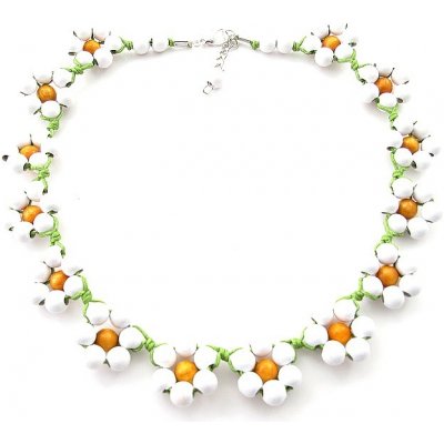 Kouzlo bižuterie Dřevěné korále náhrdelník květinky kopretinky na zeleném lanku – Sleviste.cz