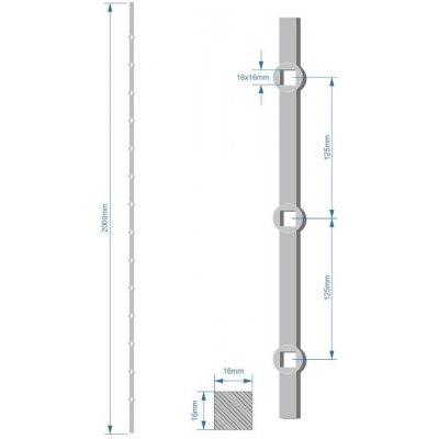 Probíjená tyč 16 x 16 mm, rozteč děr 125 mm, délka 2000 mm, oko 16 x 16 mm, na tyči je 14 děr