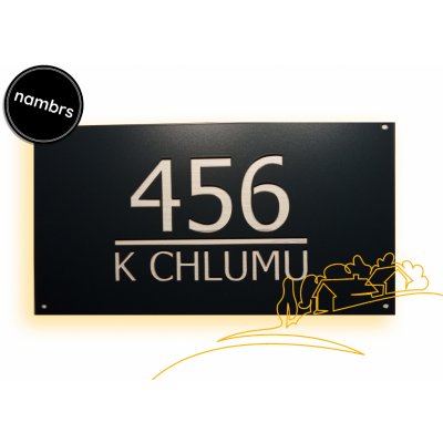 Domovní cedulka lakovaná, s číslem popisným a názvem ulice. Druh uchycení: Bez děr (na lepidlo), Font: a) – Sleviste.cz