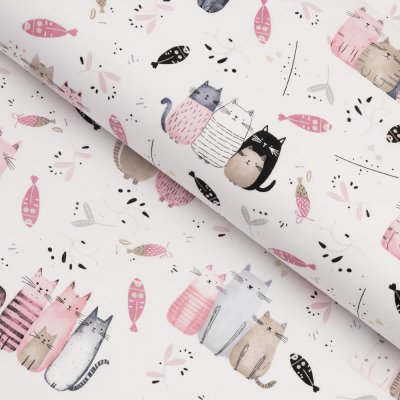 Dětská bavlněná látka/plátno Sandra SA-654 Kočičí svět růžovo-hnědý na bílém - šířka 160 cm – Zboží Dáma