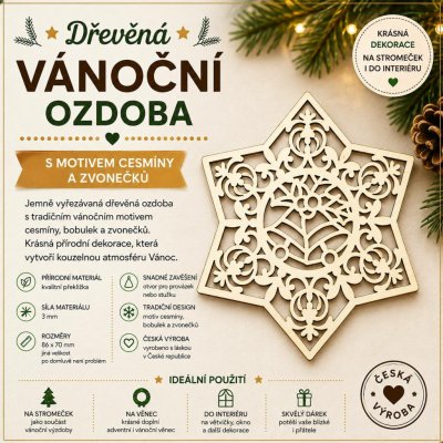 Dřevěná vánoční hvězda – cesmína a zvonečky 86 × 70 mm – Hledejceny.cz