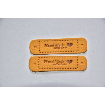 Koženkový štítek Hand made with love 5,5 x 1,5cm hořčicový – Hledejceny.cz