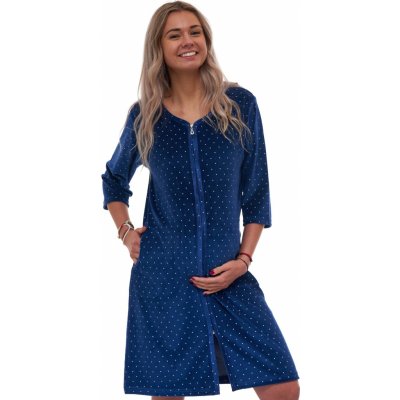 Dámský sametový župan na zip ideální na kojení těhotenství i do porodnice tmavě modrý s bílými puntíky 1G0712 modrá – Zboží Mobilmania