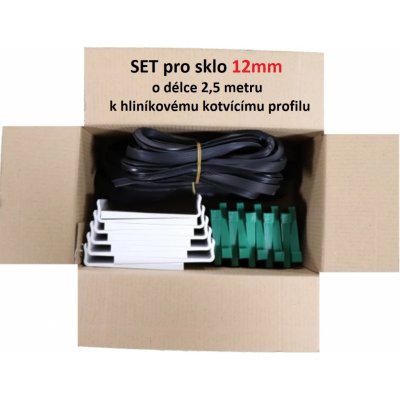 2,5m set pro 12mm sklo, k profilu AL-L121, AL-L131, AL-L141 a AL-L151. Obsahuje: těsnění AG-00 2,5m, AG-12 2,5m, podložka AP-K122-10ks, klín AP-K12-10ks. – Zboží Mobilmania