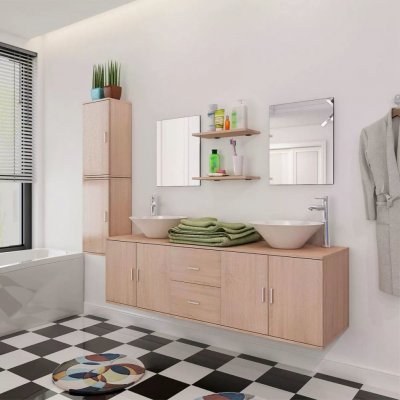 vidaXL 11kusový set koupelnového nábytku s umyvadlem a baterií, béžový – Zboží Mobilmania