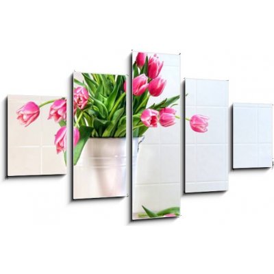 Obraz pětidílný 5D - 125 x 70 cm - Pink tulips in white metal container Růžové tulipány v bílém kovovém kontejneru – Sleviste.cz
