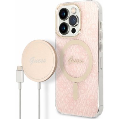Pouzdro Guess 4G MagSafe Kompatibilní Zadní + Bezdrátová Nabíječka iPhone 14 Pro růžové – Zboží Mobilmania