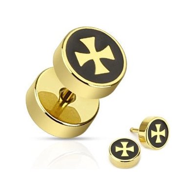 Šperky eshop falešný plug z chirurgické oceli zlatý kříž na černém podkladu W32.02 – Zboží Mobilmania
