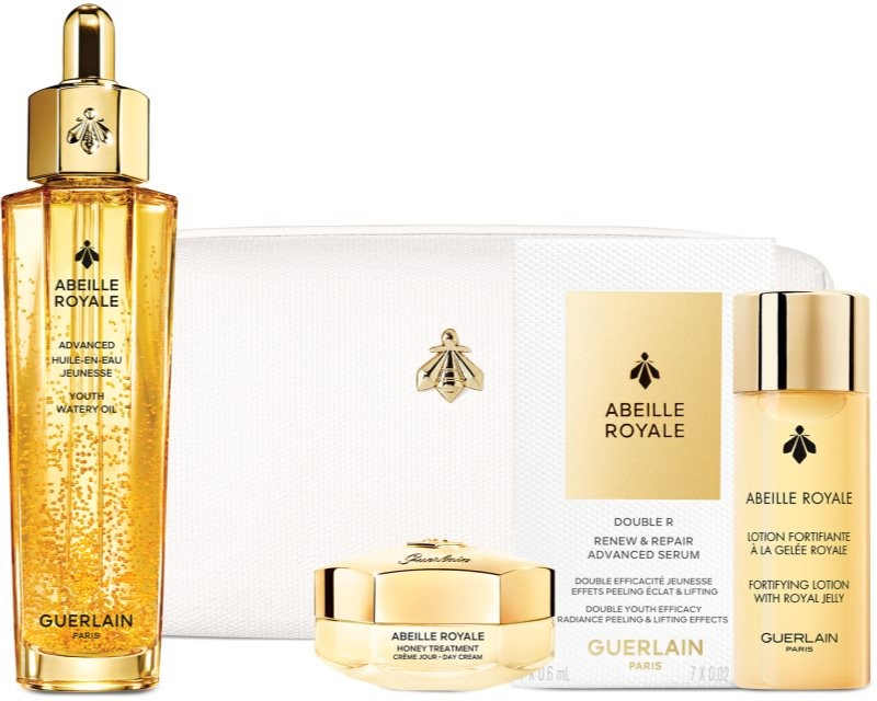 GUERLAIN Abeille Royale denní zpevňující a protivráskový krém plnitelný 50 ml + olejové sérum pro rozjasnění a vyhlazení pleti 5 ml + omlazující sérum 7 x 0,6 ml + kosmetická tašti