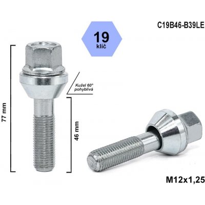 Kolový šroub M12x1,25x46 plovoucí kužel, klíč 19, B39LE/55, výška 77,5 mm – Zbozi.Blesk.cz
