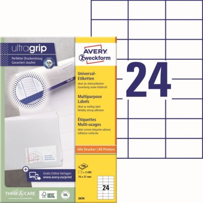 Avery Zweckform Etikety 100 listů A4 bílé 70 x 37 mm univerzální 3474 – Sleviste.cz