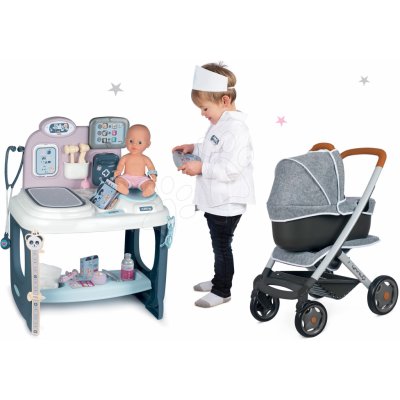 Smoby Set zdravotnický pult pro lékaře Baby Care Center s kočárkem trojkombinací hluboký a sportovní DeLuxe Maxi Cosi Grey – Zboží Mobilmania