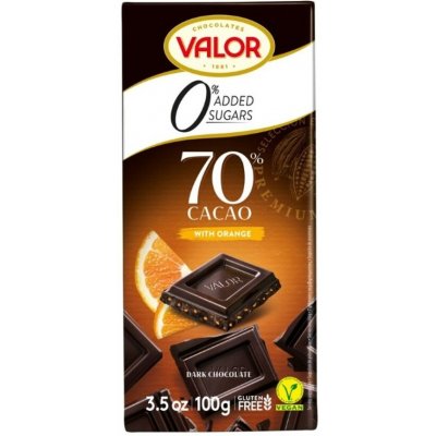VALOR Čokoláda 70 % s kousky pomeranče bez přídavku cukru 100 g