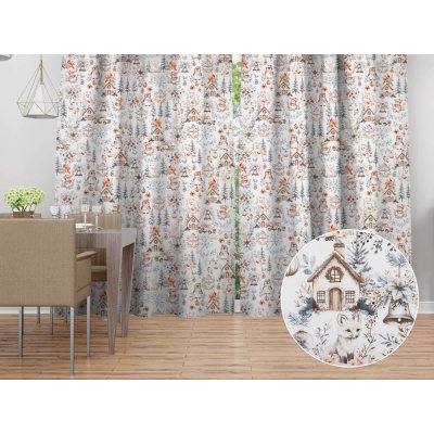 Biante Vánoční bavlněný závěs Sandra SA-708 Zimní pohádka modro-šedo-hnědá na bílém 150x200 cm – Zboží Mobilmania