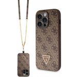 Pouzdro Guess PU 4G Strass Triangle Metal Logo + Crossbody Popruh iPhone 15 Pro hnědé – Zboží Mobilmania