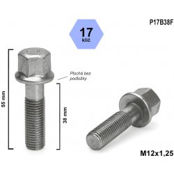 Kolový šroub M12x1,25x38 rovná dosedací plocha, klíč 17, P17B38F, výška 55 mm