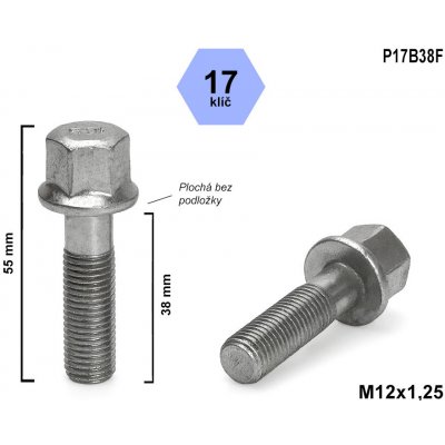 Kolový šroub M12x1,25x38 rovná dosedací plocha, klíč 17, P17B38F, výška 55 mm – Zbozi.Blesk.cz