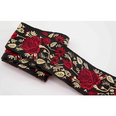 Krojová stuha - černá s červenými růžemi a zlatými větvičkami - šíře 5 cm – Hledejceny.cz