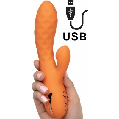 California Dreaming Newport vibrátor s králíčkem pro klitoris v oranžovém silikonu 21,5 x 3,75 cm.