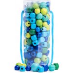 WOODY DŘEVO Korálky navlékací tyrkysové set s barevnými tkaničkami v tubě – Hledejceny.cz