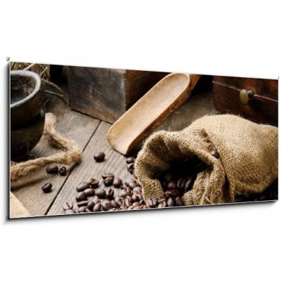 Obraz 1D panorama - 120 x 50 cm - Roasted coffee beans in vintage setting Pečená kávová zrna v vinobraní – Zboží Mobilmania