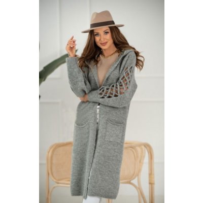 Fashionweek Dlouhý cardigan pletený kabát se vzorovanými rukávy a kapuci ALEXISII šedý – Zboží Mobilmania