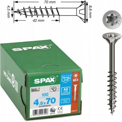 SPAX záp. hlava 4.5x 70 část. závit TX20, certifikovaný, nerez A2 (100ks) – Hledejceny.cz