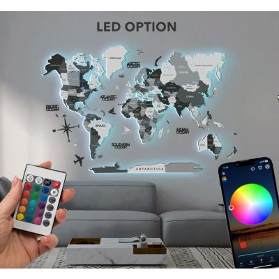 Podsvícená LED mapa na zeď dřevěná 3D Šedá - (App mobil + dálkový ovladač) - 250x160 cm – Zboží Mobilmania