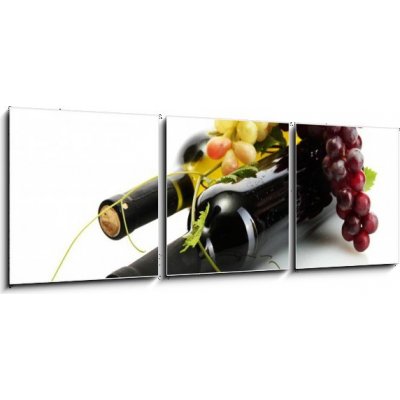 Obraz 3D třídílný - 150 x 50 cm - bottles of wine and ripe grapes isolated on white láhve vína a zralé hrozny izolovaných na bílém – Hledejceny.cz