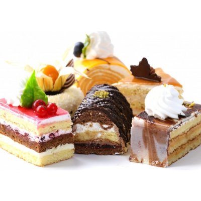 WEBLUX 96319616 Fototapeta plátno Assorted different mini cakes with cream Rozmanité mini koláče se smetanou čokoládou a bobulemi rozměry 240 x 174 cm – Zbozi.Blesk.cz
