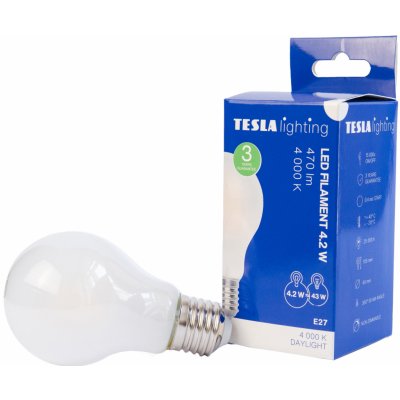 Tesla LED žárovka FILAMENT BULB, E27, 4,2W, 230V, 470lm, 4000K denní bílá, 360st, mléčná – Hledejceny.cz