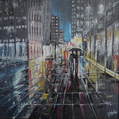 Martina Andělová, Dialog v dešti, Malba na plátně, olejové barvy, 40 x 40 cm – Zboží Mobilmania