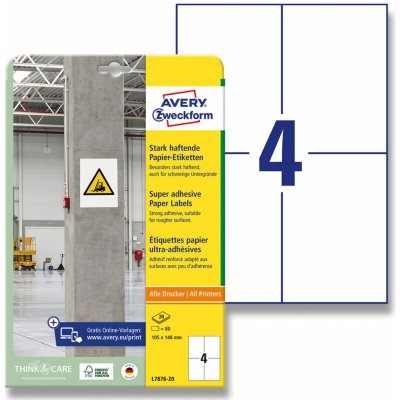 Avery Zweckform L7876-20 etikety s vysokou lepivostí 105 x 148 mm 80 etiket bílé – Zboží Dáma
