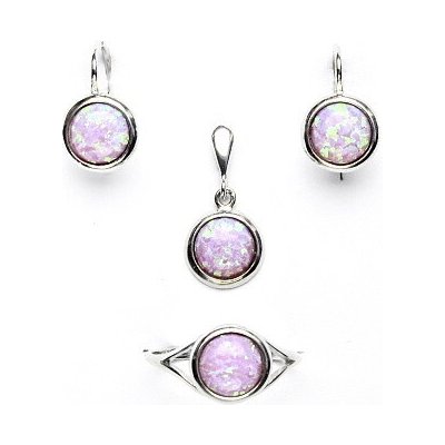 Čištín Zlaté náušnice prsten a přívěsek bílé i žluté zlato syntetický růžový opál sada NK T P 1503 – Sleviste.cz