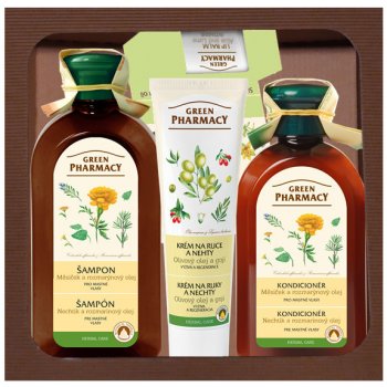 Green Pharmacy Herbal Care šampon pro mastné vlasy 350 ml + kondicionér pro mastné vlasy 300 ml + krém na ruce a nehty 100 ml + balzám na rty SPF 10 3,6 g dárková sada