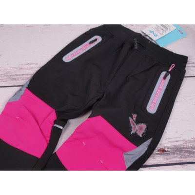 Kugo Softshellové outdoor kalhoty oteplováky černé s neon růžovou s motýlkem vodoodpudivé funkční