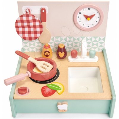 Tender Leaf Toys Dřevěná kuchyňka v šuplíku Kitchenette s hodinami pánvičkou a potravinami