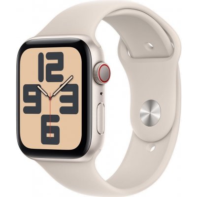 Apple Watch SE (2023) GPS + Cellular 44mm hvězdně bílé Chytré hodinky, 44mm, LTE, snímač tepové frekvence, hvězdně bílé hliníkové pouzdro, bílý sportovní řemínek S/M MRGU3QC/A