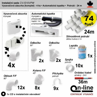 Instalační komplet centrálního vysávání - zásuvka (4 ks), podlahová štěrbina (1 ks), potrubí (24 m), potrubní díly (74 dílů). Určeno pro centrální vysavače a centrální vysávání.