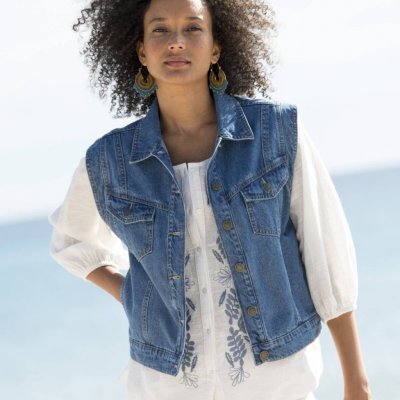 Džínová vesta na knoflíky sepraná modrá – Zboží Dáma