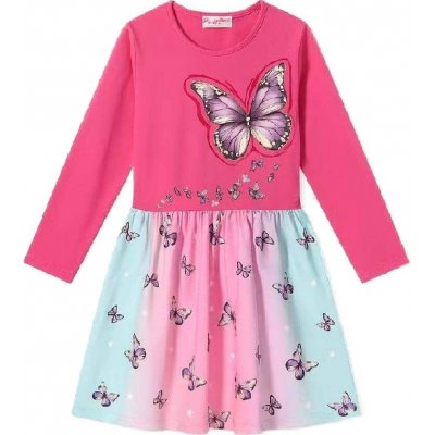 BAVLNĚNÉ DÍVČÍ ŠATY S MOTÝLKY A DLOUHÝM RUKÁVEM NOVINKA Tmavě růžová – Zboží Dáma