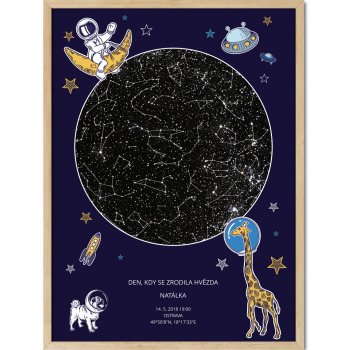 Hvězdná mapa vašeho životního okamžiku Rozměr plakátu: 40 x 50 cm, Barva pozadí: Tmavě modrá, Volba rámu: Lípa dřevěný rám